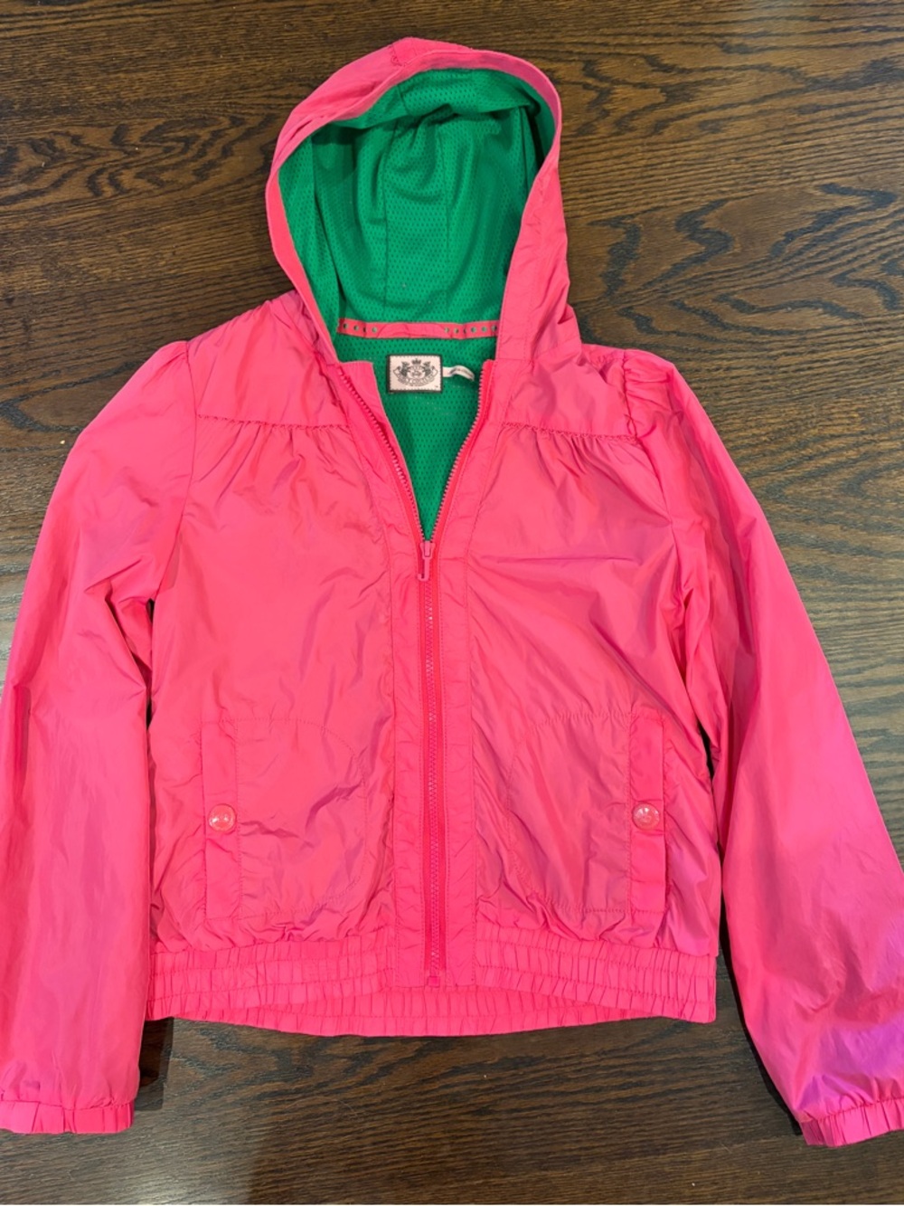 Juicy Couture Hot Pink Hooded Rain Jacket with Green Lining
